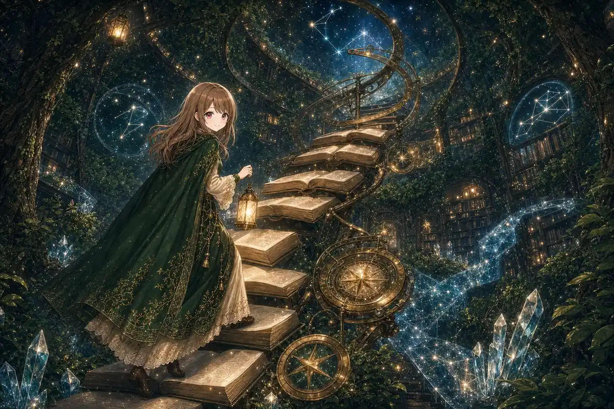 本でできた階段を一歩ずつ上っていくLunaのイラスト